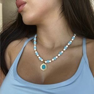 Pastel blue, white and gold beaded necklace with turqouise pendant 18''